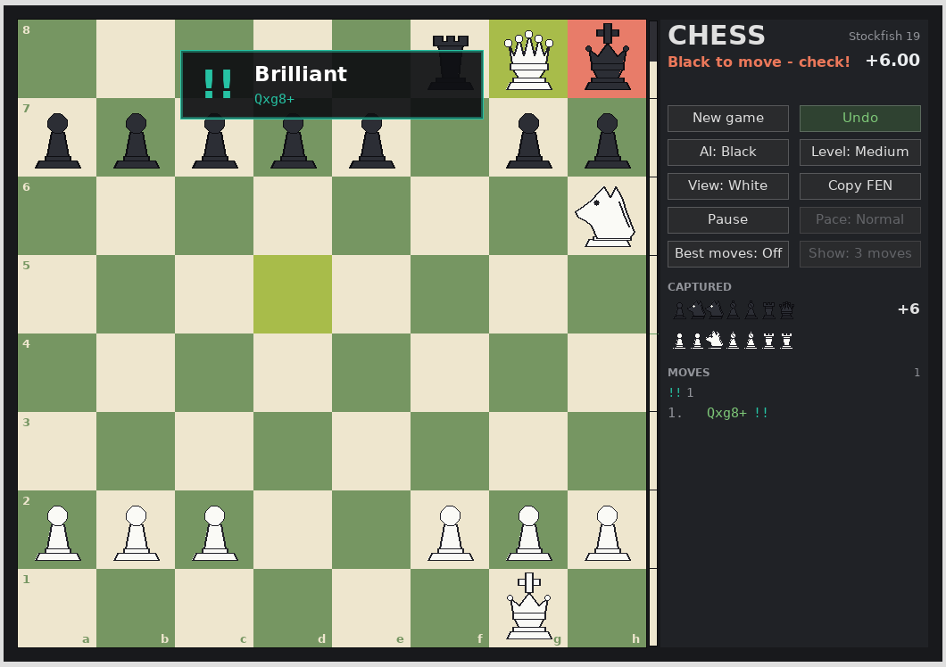 Screenshot of watch mode grading a queen sacrifice as brilliant